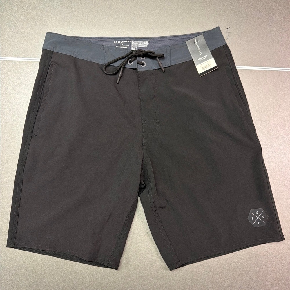 No Boundaries Mens Fixed Waist Boardshorts Black Grey 9 Inch Inseam NB20102Y M